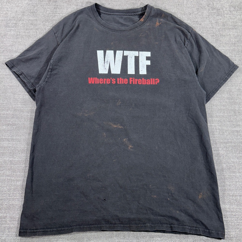 Fireball Whisky Graphic T-Shirt Mens L Black Fair Distressed WTF Dragon Logo